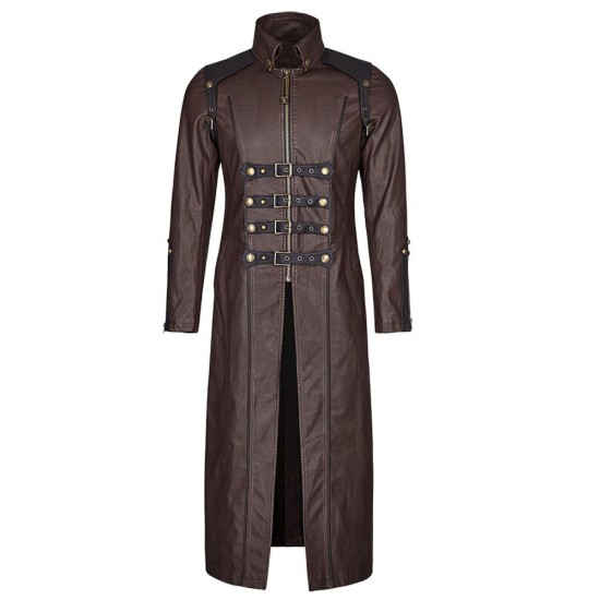 Men Long Leather Coat Gothic Men Steampunk Long Coat Adjustable Straps