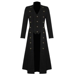 Men Black Twill Steampunk Jacket Goth Victorian/Military Style Cotton Trench Coat