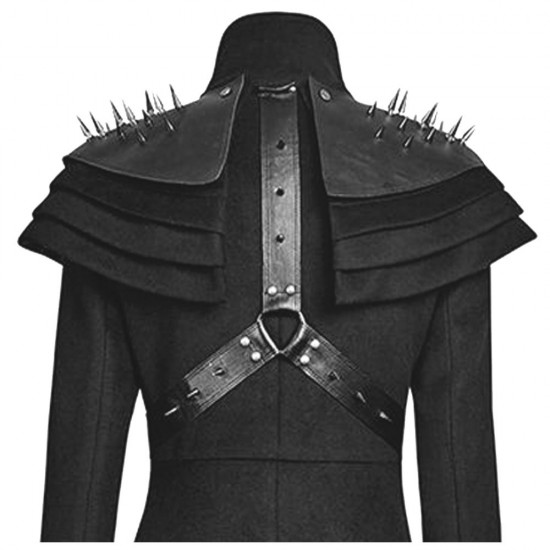 Gothic Killers Women Rivets Shoulder Stand Up Collar Asymmetrical Long Coat 
