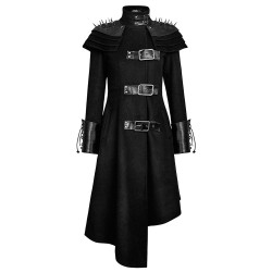 Women Gothic Long Coat Killers Rivets Shoulder Stand Up Collar Asymmetrical Military Coat