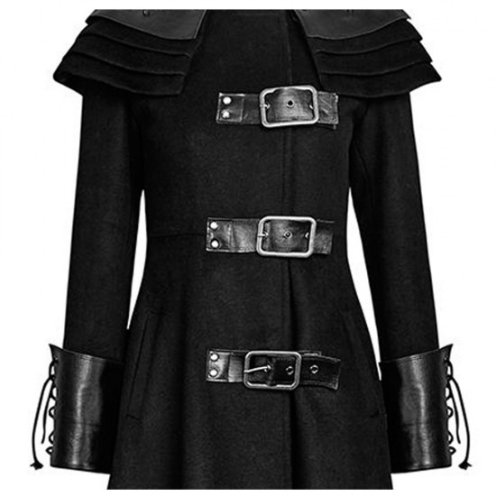 Women Gothic Long Coat Killers Rivets Shoulder Stand Up Collar Asymmetrical Military Coat