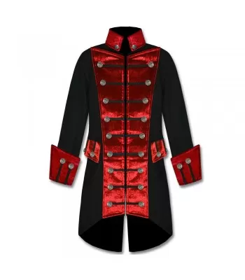 Mens Handmade Red Velvet Trim Goth Steampunk Pirate Men Gothic Coat ...