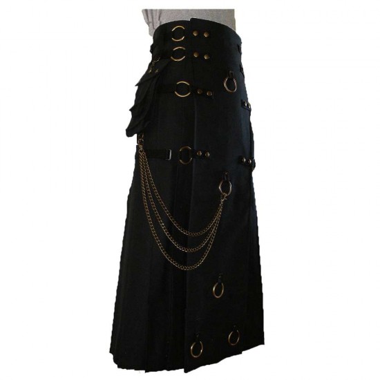 Long Black Gothic Cotton Utility Kilt Steampunk Design Leather Straps & Chains Long Black Gothic Cotton Utility Kilt Steampunk Design Leather Straps & Chains