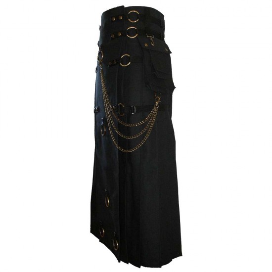 Long Black Gothic Cotton Utility Kilt Steampunk Design Leather Straps & Chains Long Black Gothic Cotton Utility Kilt Steampunk Design Leather Straps & Chains