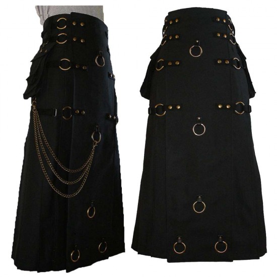 Long Black Gothic Cotton Utility Kilt Steampunk Design Leather Straps & Chains Long Black Gothic Cotton Utility Kilt Steampunk Design Leather Straps & Chains