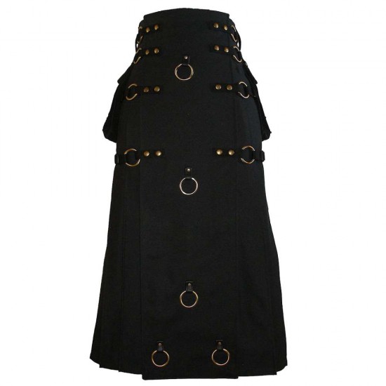 Long Black Gothic Cotton Utility Kilt Steampunk Design Leather Straps & Chains Long Black Gothic Cotton Utility Kilt Steampunk Design Leather Straps & Chains