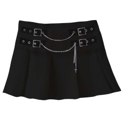 Women Steampunk Black Denim Skirt Chain Bondage and Mini Pleaded Skirt 