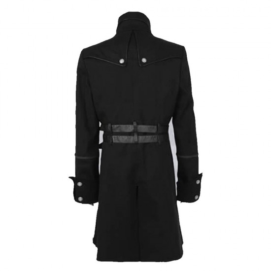Men Black Double Breasted Belted Buckle Coat  Gothic Fashion Trench Coat