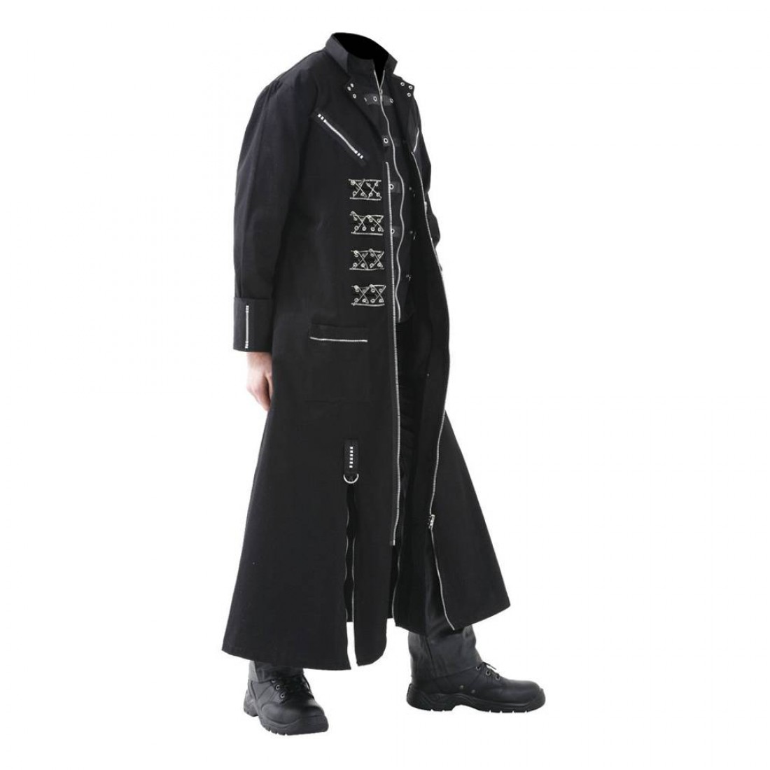 Men Black Long Zip Jacket Studs Buckle Punk Chrome Front Emo Coat For Sale