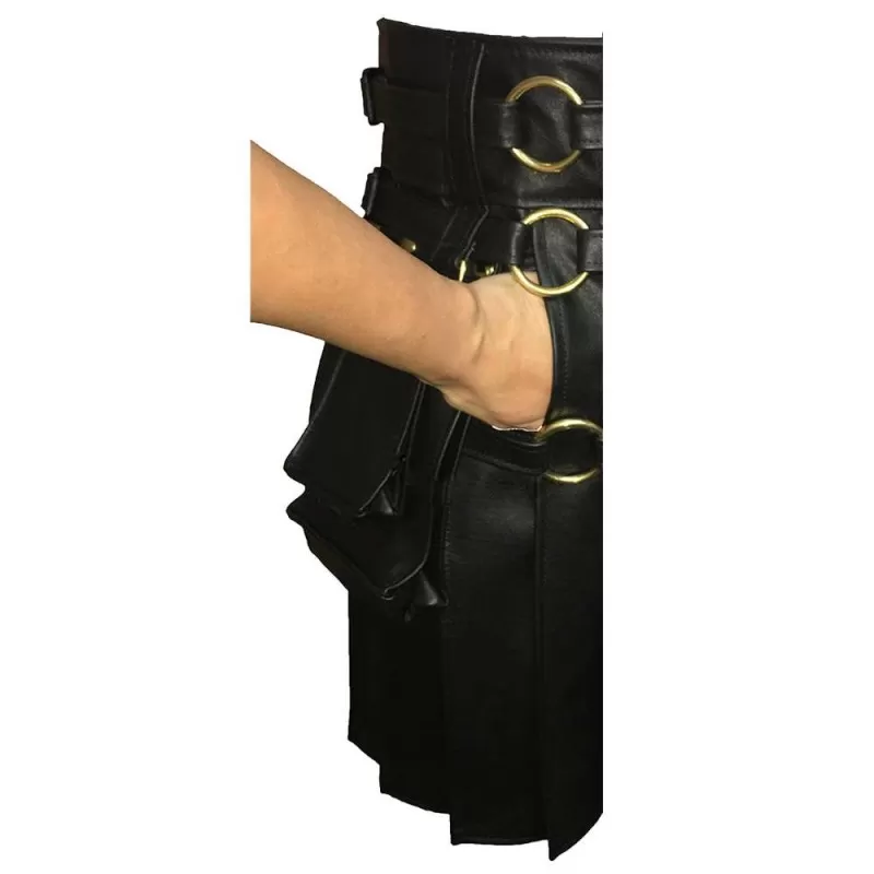 Long Black Gothic Cotton Utility Kilt Steampunk Design Leather Straps & Chains  (2025)