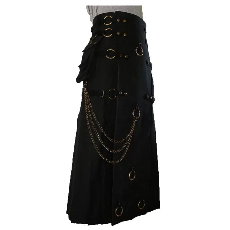 Long Black Gothic Cotton Utility Kilt Steampunk Design Leather Straps & Chains  (2025)