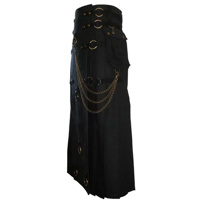 Long Black Gothic Cotton Utility Kilt Steampunk Design Leather Straps & Chains  (2025)