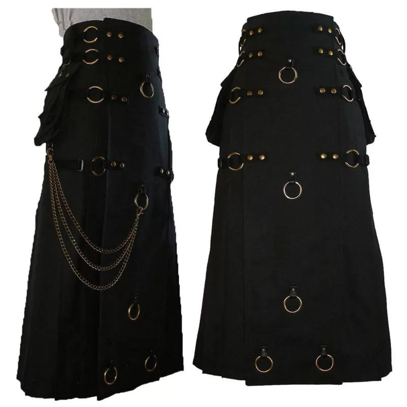 Long Black Gothic Cotton Utility Kilt Steampunk Design Leather Straps & Chains  (2025)