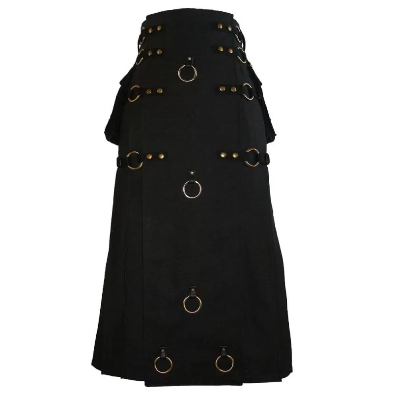 Long Black Gothic Cotton Utility Kilt Steampunk Design Leather Straps & Chains  (2025)