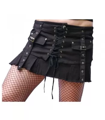 Women Gothic Black Mini Skirt With Eyelet Strap Pock Short (2025)