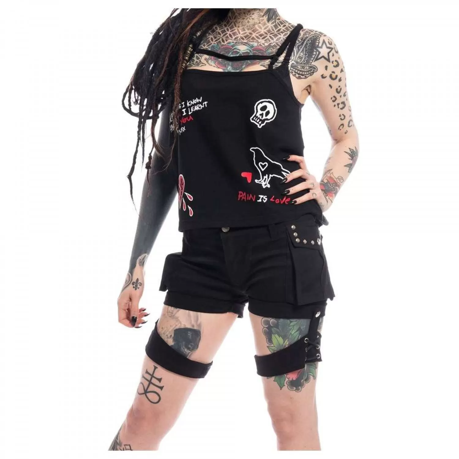 Poizen Asami Women’s Black Gothic Shorts | Cotton Goth Shorts with Lace, Chains, and Stud Details