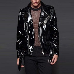 Men Gothic Moto Vinyl PVC Moto Jacket Punk Fetish EMO Biker Jacket
