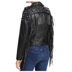 Womens Gothic Brando Rock Punk Studded Fringe Biker Jacket Black Motorcycle Genuine Leather Jacket 
