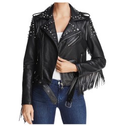 Womens Gothic Brando Rock Punk Studded Fringe Biker Jacket Black Motorcycle Genuine Leather Jacket 