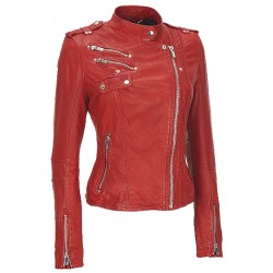 New Women Gloria Ladies Red Stylish Biker JacketCross Zip Style Genuine Leather Jacket