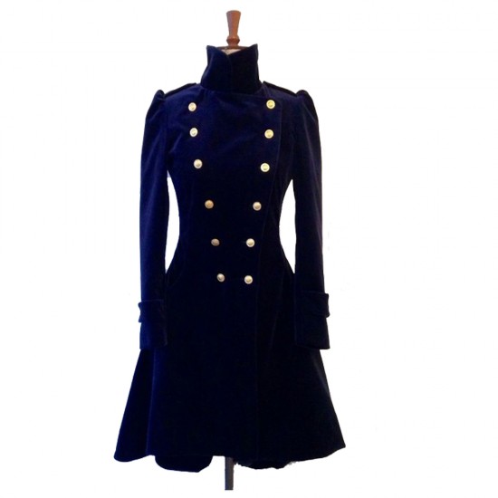 Women Blue Velvet Coat Double Breasted Frock Women Gothic Coat 