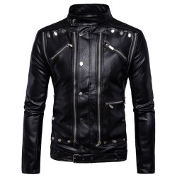 Men Motorcycle Jacket Gothic Black Leather Jacket Multi-Zip Biker Jacket