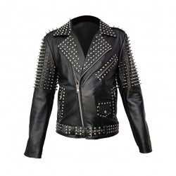 Mens Real Black Leather Spike Jacket Studded Spice Buckle Belt Punk Style Cropped Jacket 