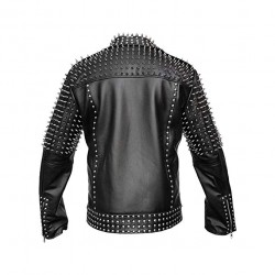 Mens Real Black Leather Spike Jacket Studded Spice Buckle Belt Punk Style Cropped Jacket 