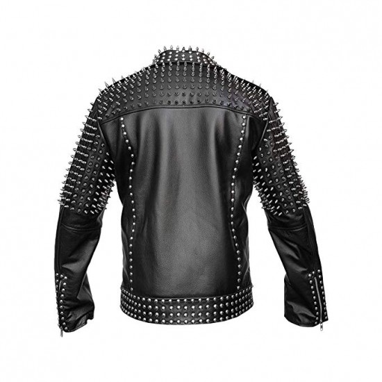 Mens Real Black Leather Spike Jacket Studded Spice Buckle Belt Punk Style Cropped Jacket Mens Real Black Leather Spike Jacket Studded Spice Buckle Belt Punk Style Cropped Jacket