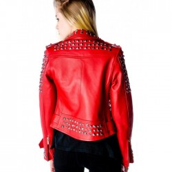 Women Red Color Leather Jacket Silver Studded Genuine Leather Jacket 