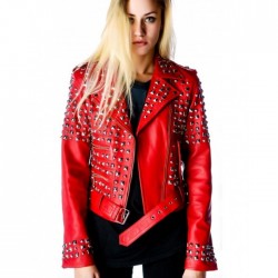 Women Red Color Leather Jacket Silver Studded Genuine Leather Jacket 