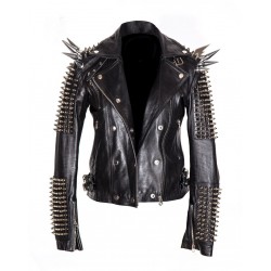 Women Silver Studded Long Spiked Handmade Jacket Men Leather Black Spice Rock Punk Style Jacket 