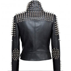 Women's Genuine Leather Studded Punk Rivet Zipper Slim Fit Winter Style Cropped Jacket