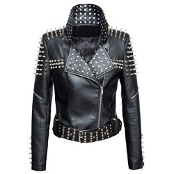 Women's Genuine Leather Studded Punk Rivet Zipper Slim Fit Winter Style Cropped Jacket