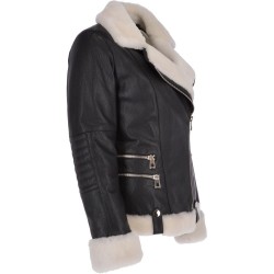 Women Biker Genuine Leather Jacket Side Zip with Sheepskin Collar Luxury