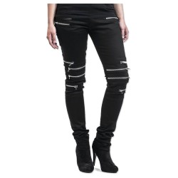 Women Gothic Punk Rock Vegan Armor Biker 8 Metal Zipper Cotton Pants 