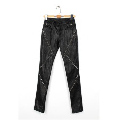Women Pu Classic Metal Rivets Trousers Motorcycle Women Gothic Pant
