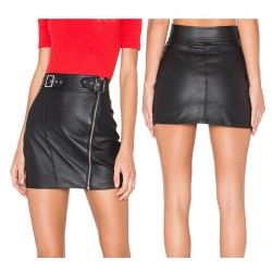 Women Closure Buck Genuine Lambskin Leather Skirt Mini Skirt Side Zip