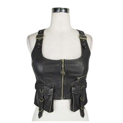 Women Punk rock PU Leather Black Women Vest 