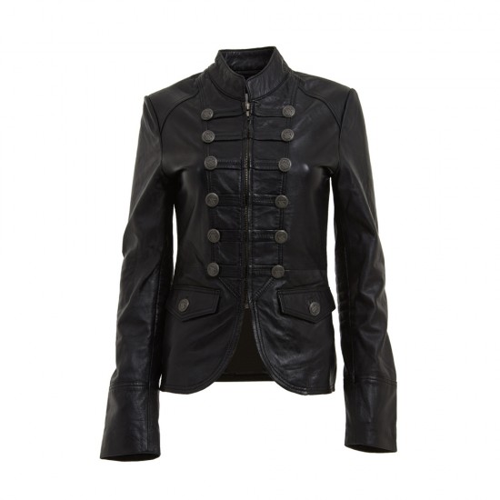 Women Black Military Style Fashion Leather Jacket Blazer Coat