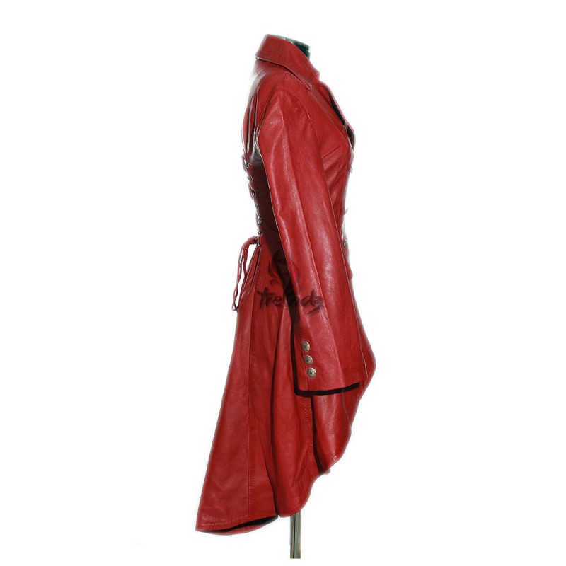 Women Valentine Red Coat Steampunk Leather Coat Military Tail Coat Free Shipping