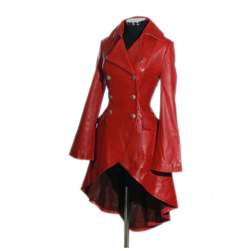 Women Valentine Red Coat Steampunk Leather Coat Military Tail Coat Free Shipping