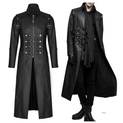 Men Gothic Coat Long Black Gothic Imitation Leather Coat Steampunk Badboy Men Long Coat