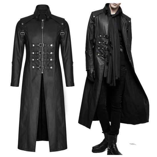 Men Gothic Coat Long Black Gothic Imitation Leather Coat Steampunk Badboy Men Long Coat