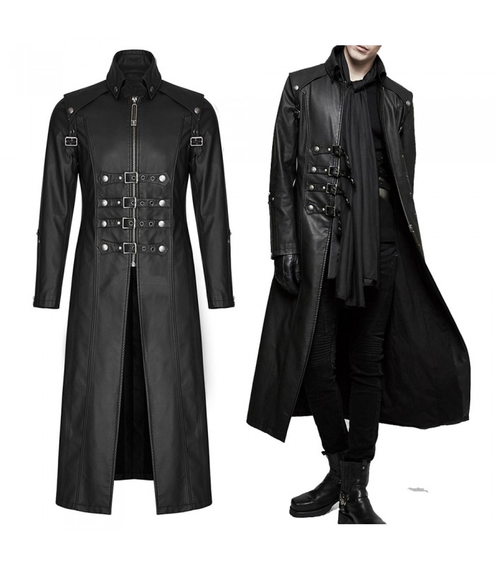Men Long Black Gothic Imitation Leather Coat Steampunk Badboy Men Long Coat
