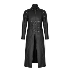 Men Gothic Coat Long Black Gothic Imitation Leather Coat Steampunk Badboy Men Long Coat