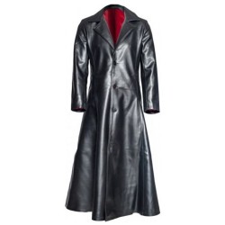 Men Retro Leather Long Coat Red Aster Trench Steampunk Gothic Jacket