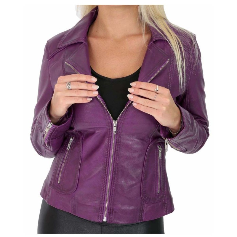 Womens Biker Purple Leather Sexy Gothic Jacket Retro Coat Fitted Biker Jacket 