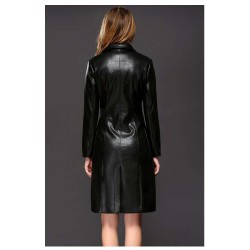 Women Sheepskin PU Leather Jacket Gothic Black Winter Double-Breasted Trench Coat 