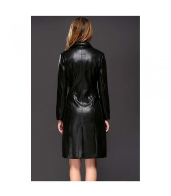 Women Sheepskin PU Leather Jacket Gothic Black Winter Double-Breasted Trench Coat 